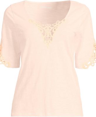 Women's Elbow Sleeve Slub Lace Trim T-Shirt