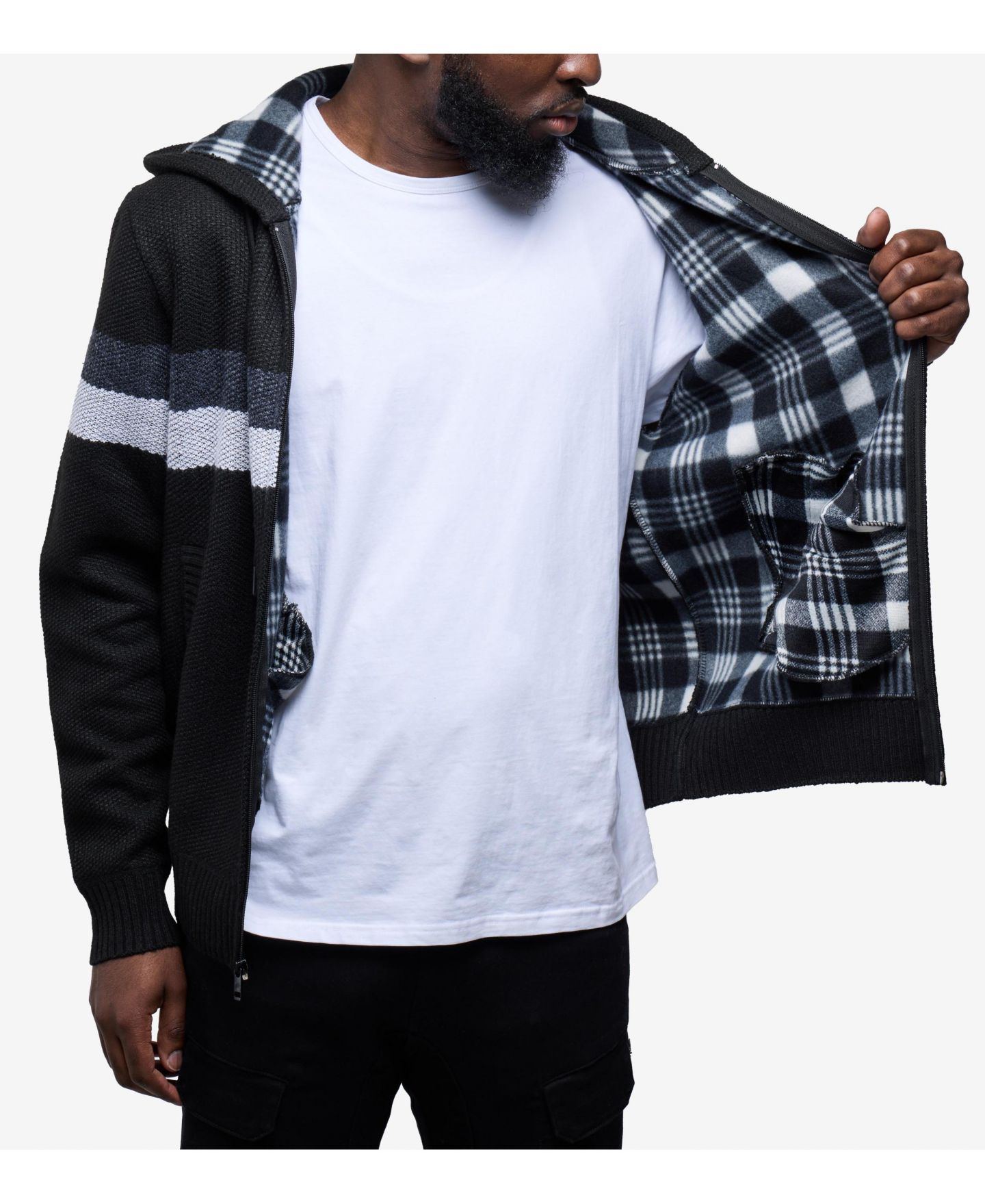 Мужской свитер CULTURA Hooded Fleece Lined Full Zip Sweater With Stripes, цвет: Чёрный / Угольный — фото 6