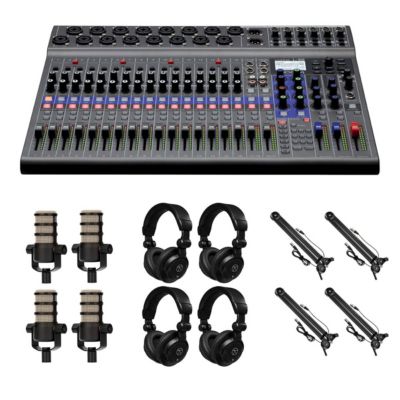 LiveTrak L-20 20-Channel Digital Mixer & Multitrack Recorder, Bundle with 4x PodMic Microphone, 4x TAPH100 Monitor Headphones, 4x Broadcast Arm