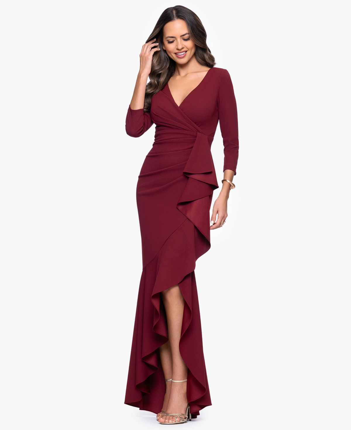 Betsy & Adam Women's Long Cascading Ruffle Gown In Burgundy