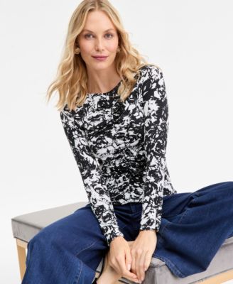 Women's Printed Long-Sleeve Shirred-Front Top, Macy's Exclusive