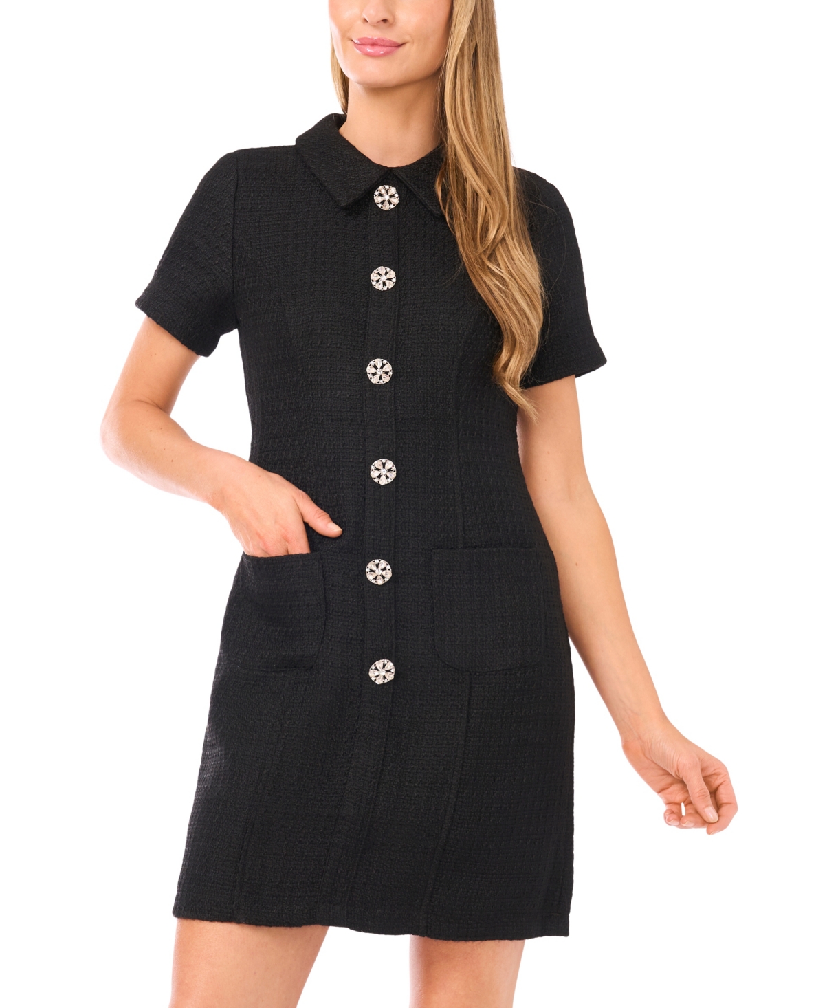 CeCe Women's Rhinestone Button Boucle Shift Dress