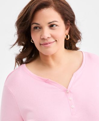 Plus Size 3/4-Sleeve Cotton Henley Top, Macy's Exclusive 