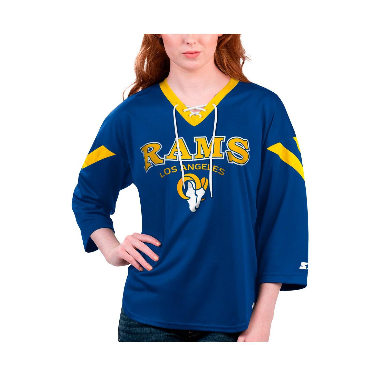 Women's Royal Los Angeles Rams Rally Lace-Up 3/4 Sleeve T-Shirt