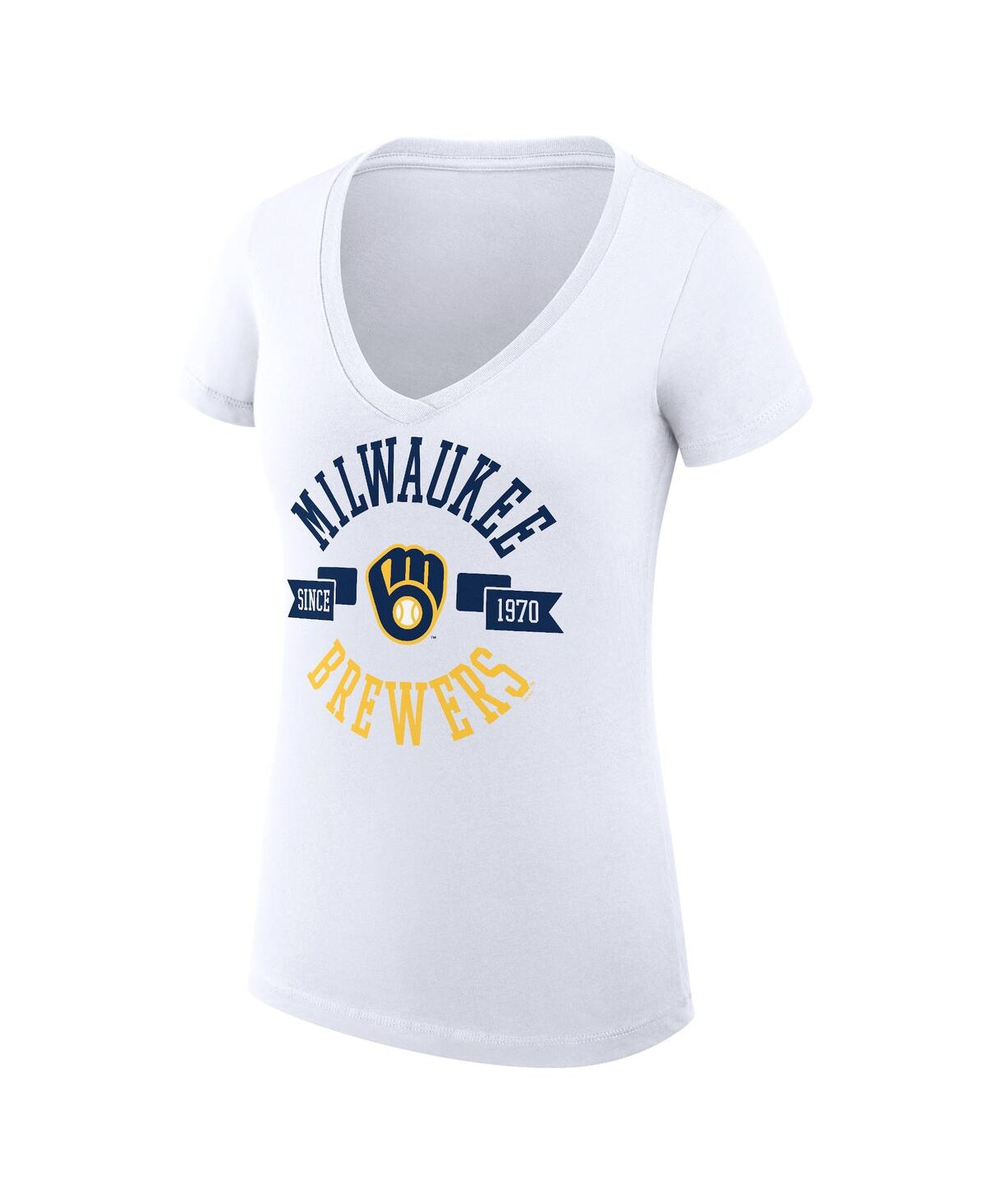 G-iii 4her By Carl Banks Women's White Milwaukee Brewers Super-slim Fit Lightweight City Graphic V-neck T-shirt In White