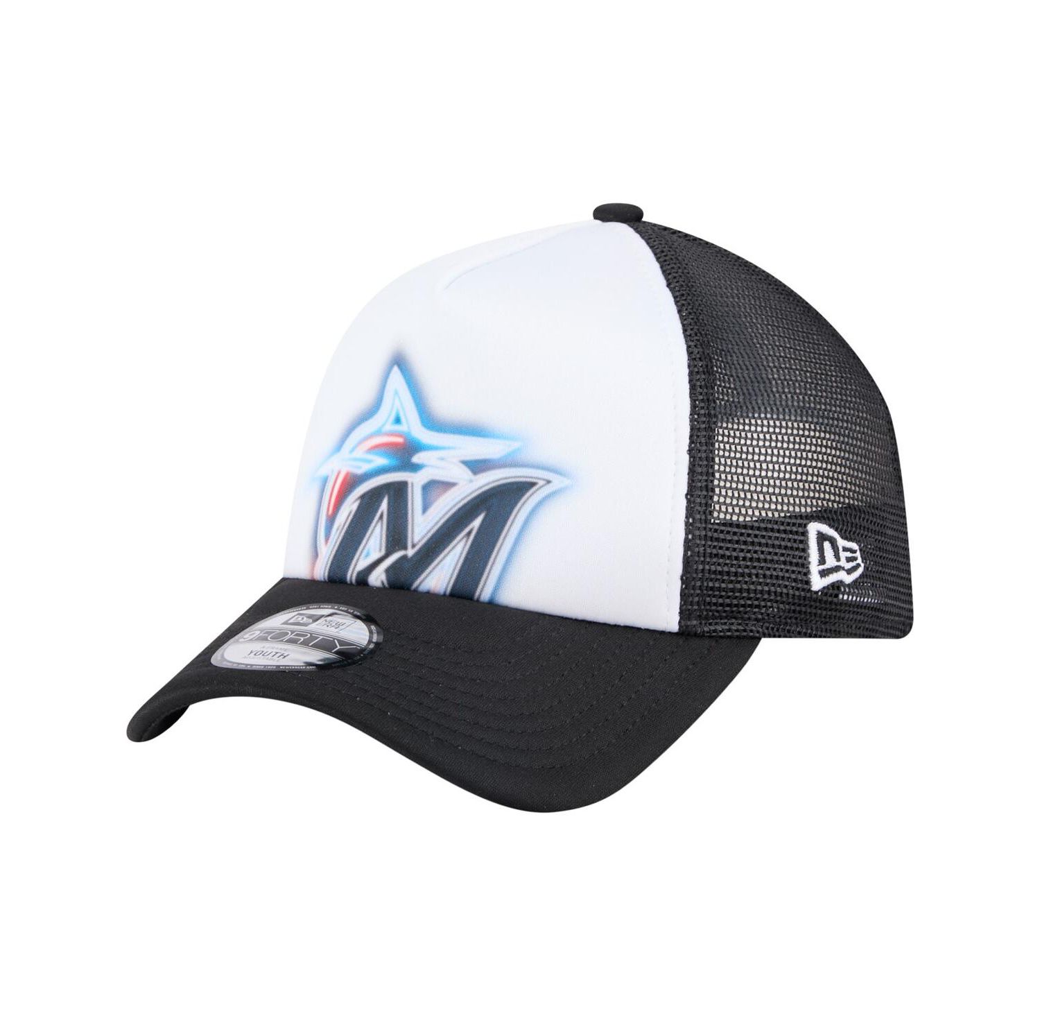 Toddler White/Black Miami Marlins Painted A-Frame 9FORTY Trucker Adjustable Hat