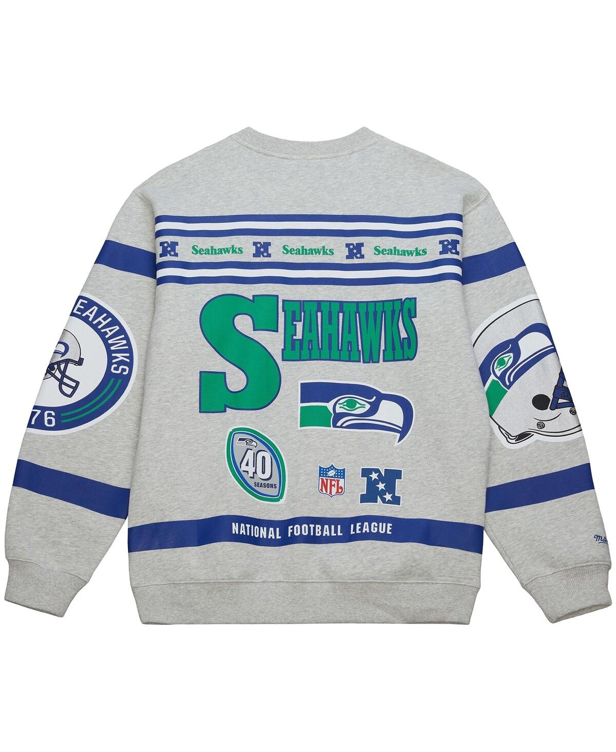 Mitchell & Ness Men's Heather Gray Seattle Seahawks All Over Print Vintage Fleece Crewneck Sweatshirt