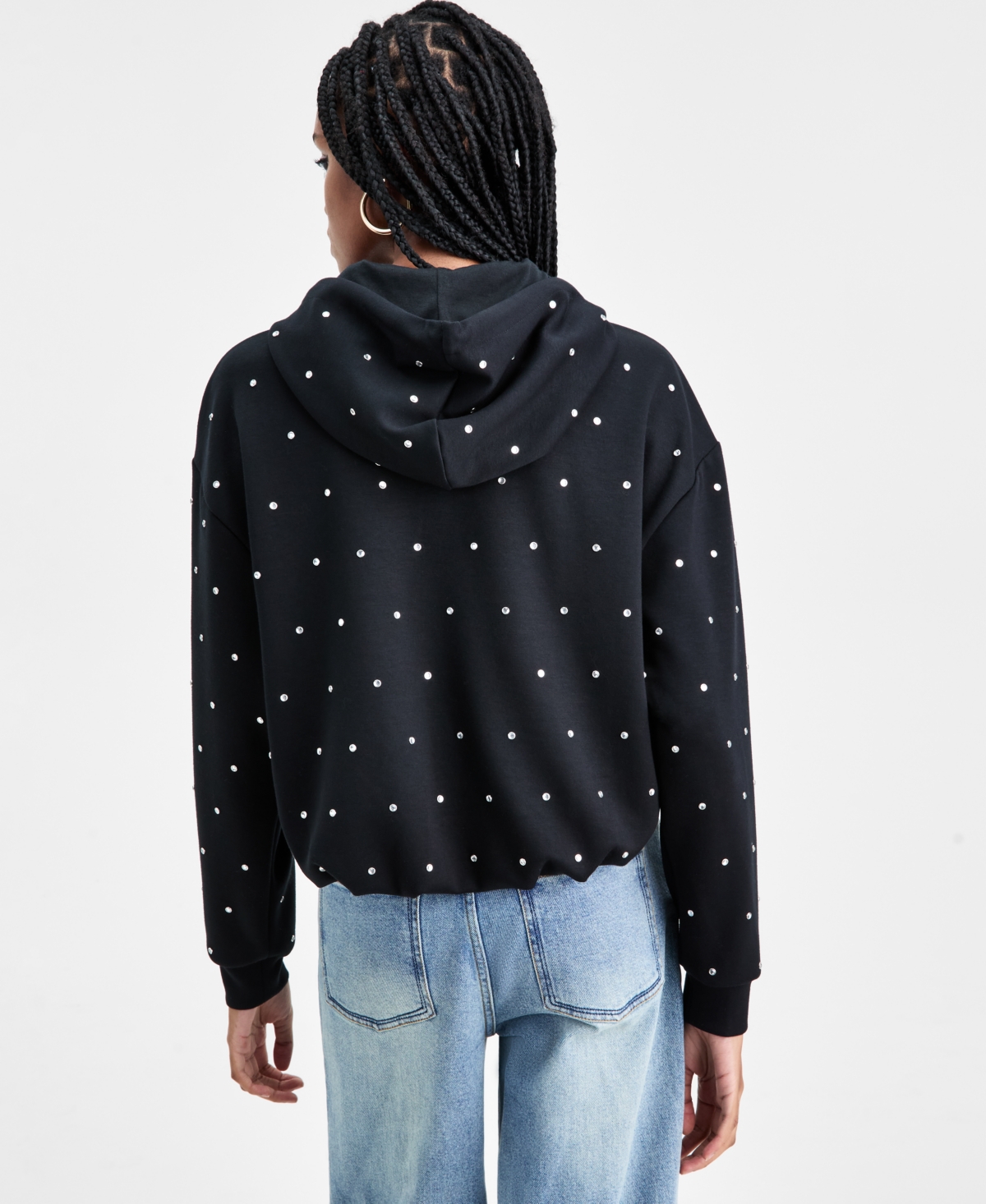 Bar Iii Women's Rhinestone-embellished Bubble-hem Hoodie, Macy's Exclusive In Black