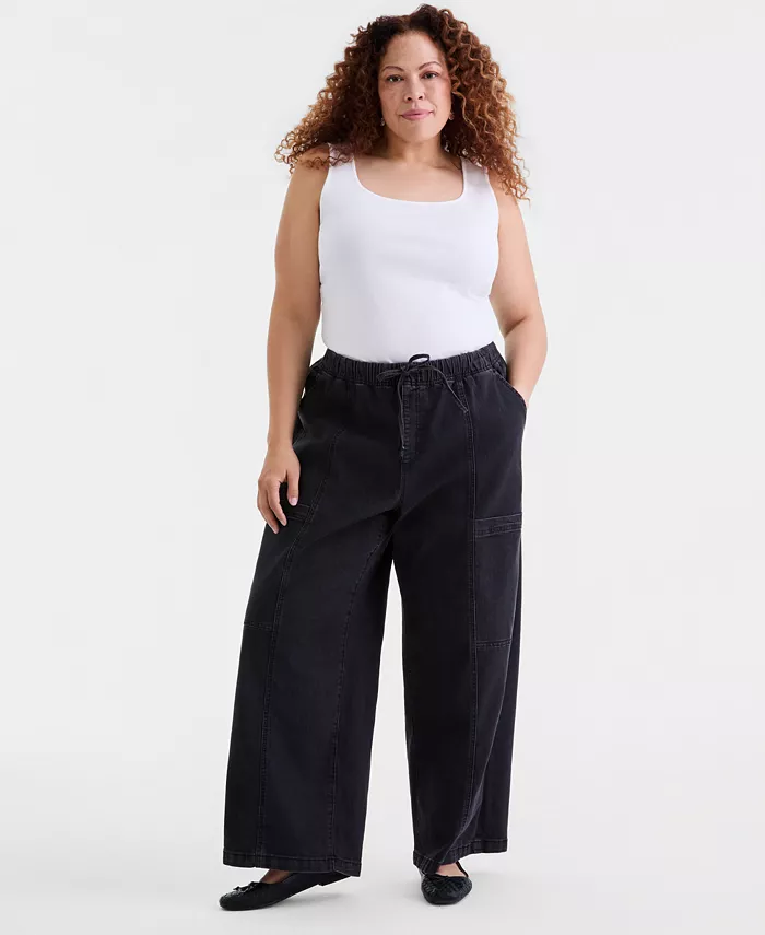 Plus Size Pull-On Utility Wide-Leg Jeans