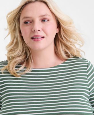 Plus Size Boat-Neck Elbow Sleeve Cotton Top, Exclusively at Macy's