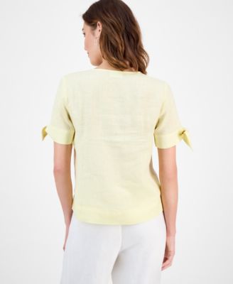 Women's 100% Linen Split-Neck Tie-Cuff Top, Created for Macy's