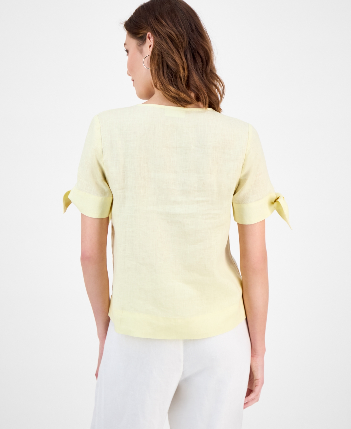 Charter Club Women's 100% Linen Split-neck Tie-cuff Top, Created For Macy's In Yellow