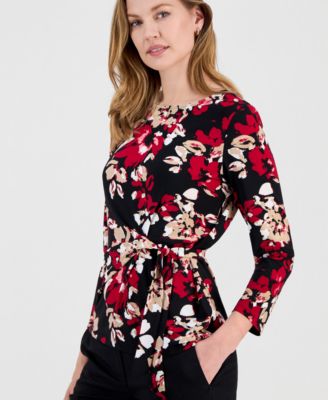 Women's Printed 3/4-Sleeve Side-Tie Top