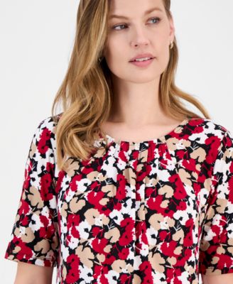 Women's Printed Pleated-Neck Top, Regular & Petite