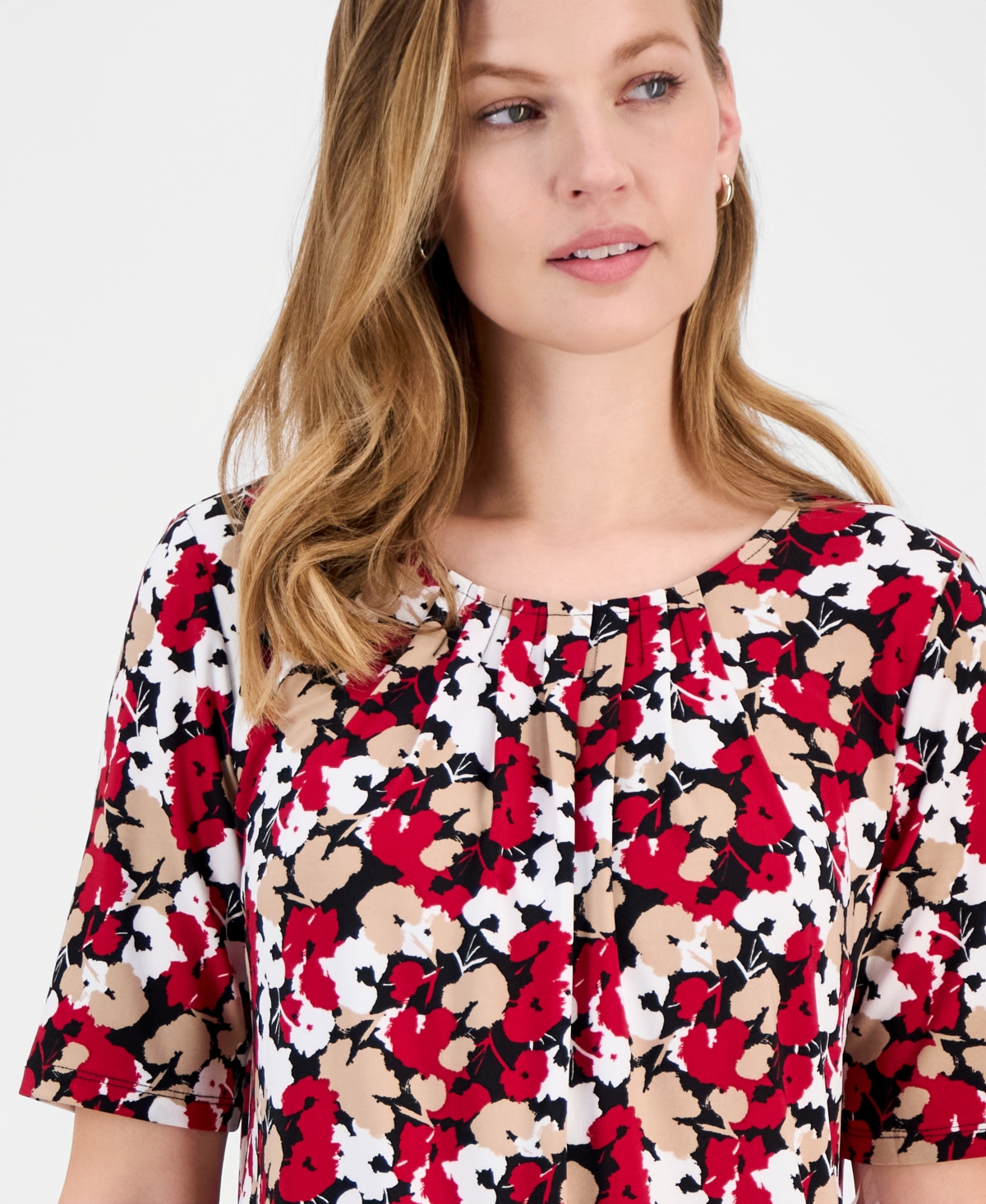 Kasper Petite Printed Box-Pleat Elbow-Sleeve Top