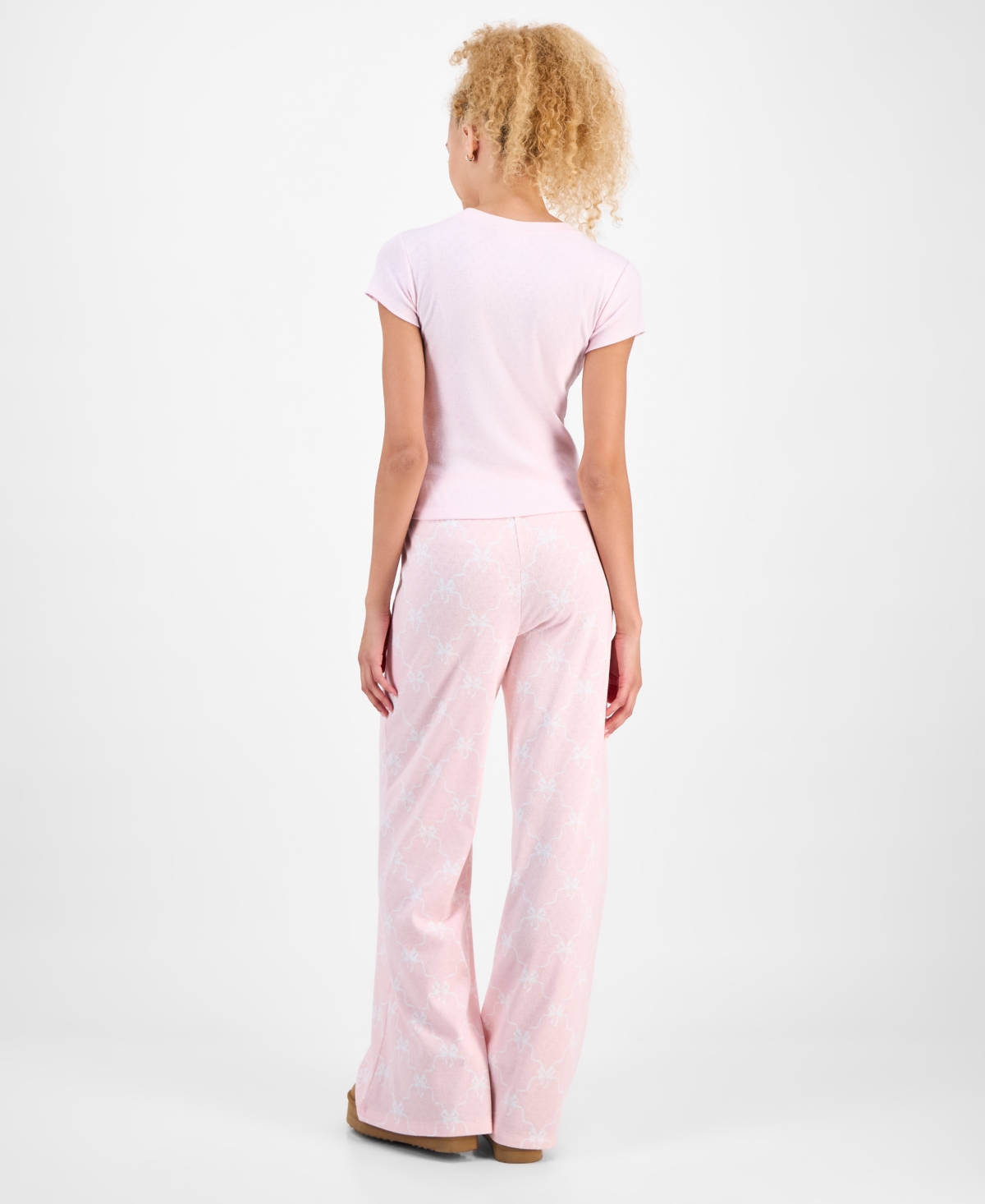 Just Polly Juniors' Pointelle Drawstring Wide-leg Lounge Pants In Pink