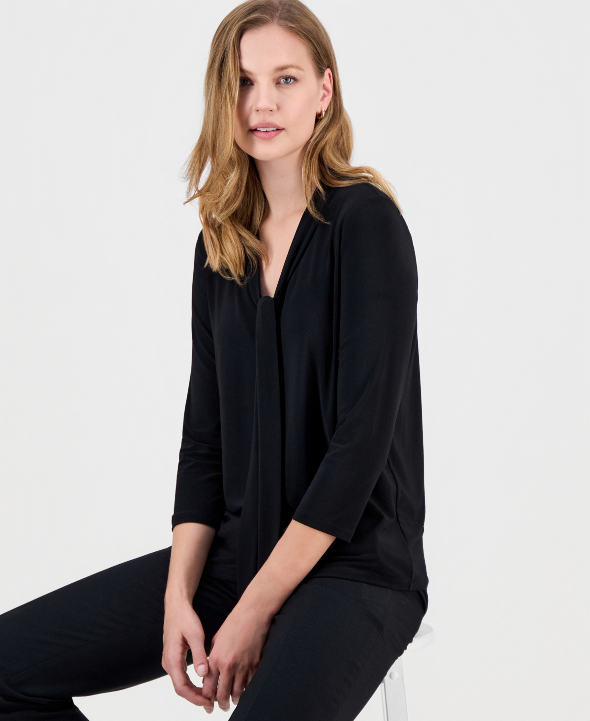 Kasper Women's 3/4-sleeve Tie-neck Top In Black