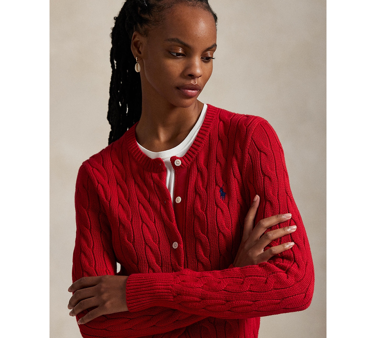 Polo Ralph Lauren Women's Cable-knit Cotton Crewneck Cardigan Sweater In Red