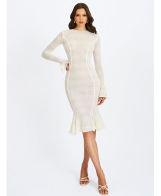 Women's Pamina Beige Crochet Long Sleeve Midi Flare Mermaid Dress