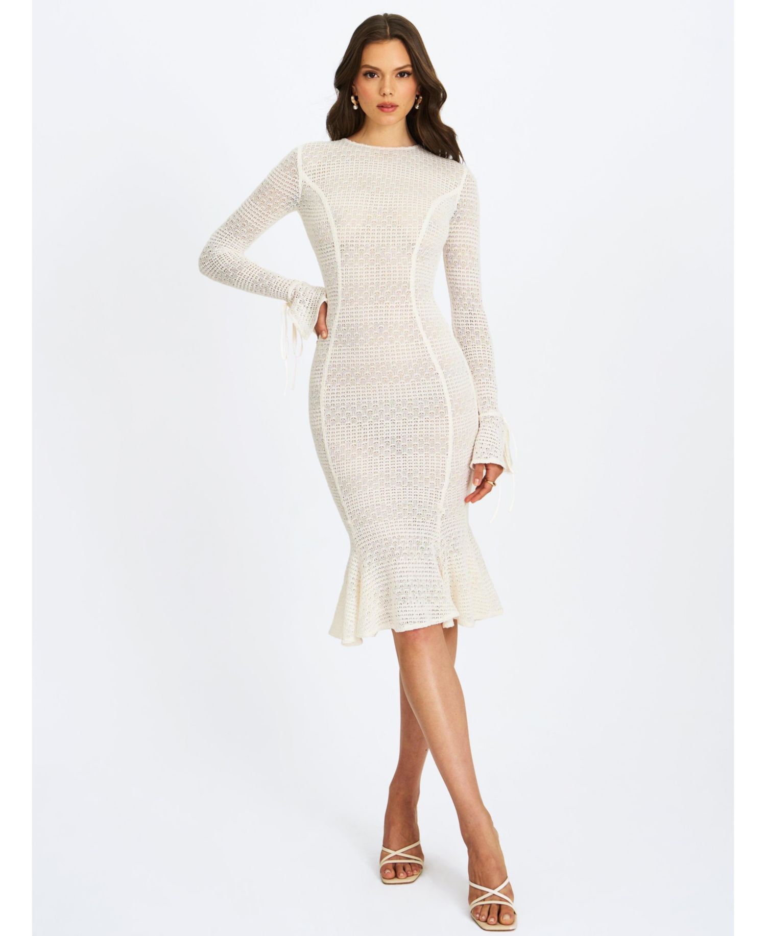 Women's Pamina Beige Crochet Long Sleeve Flare Mermaid Dress