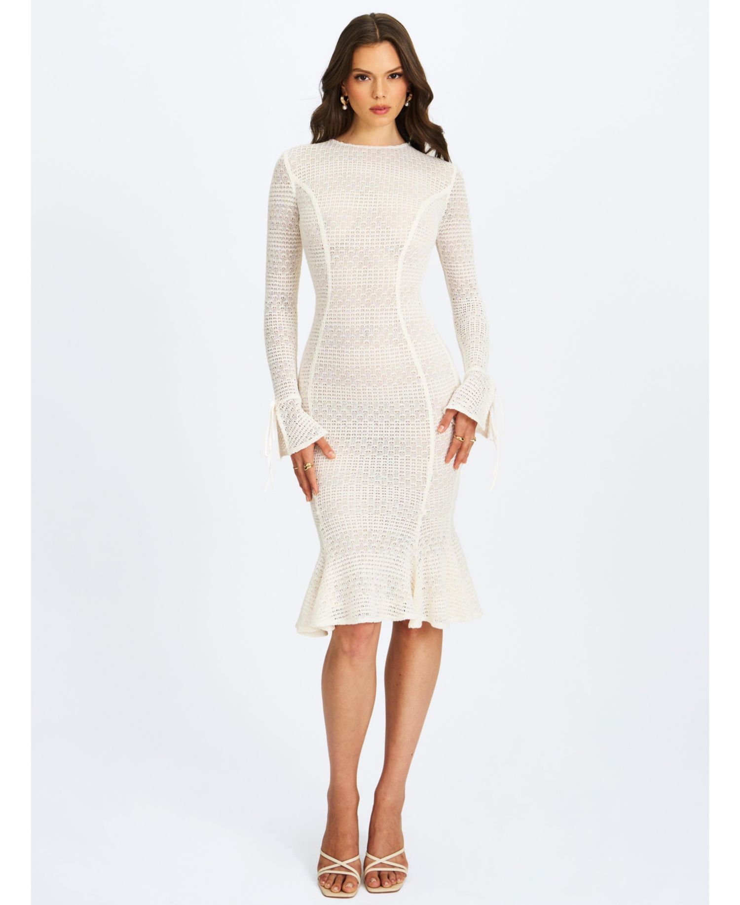 Women's Pamina Beige Crochet Long Sleeve Flare Mermaid Dress