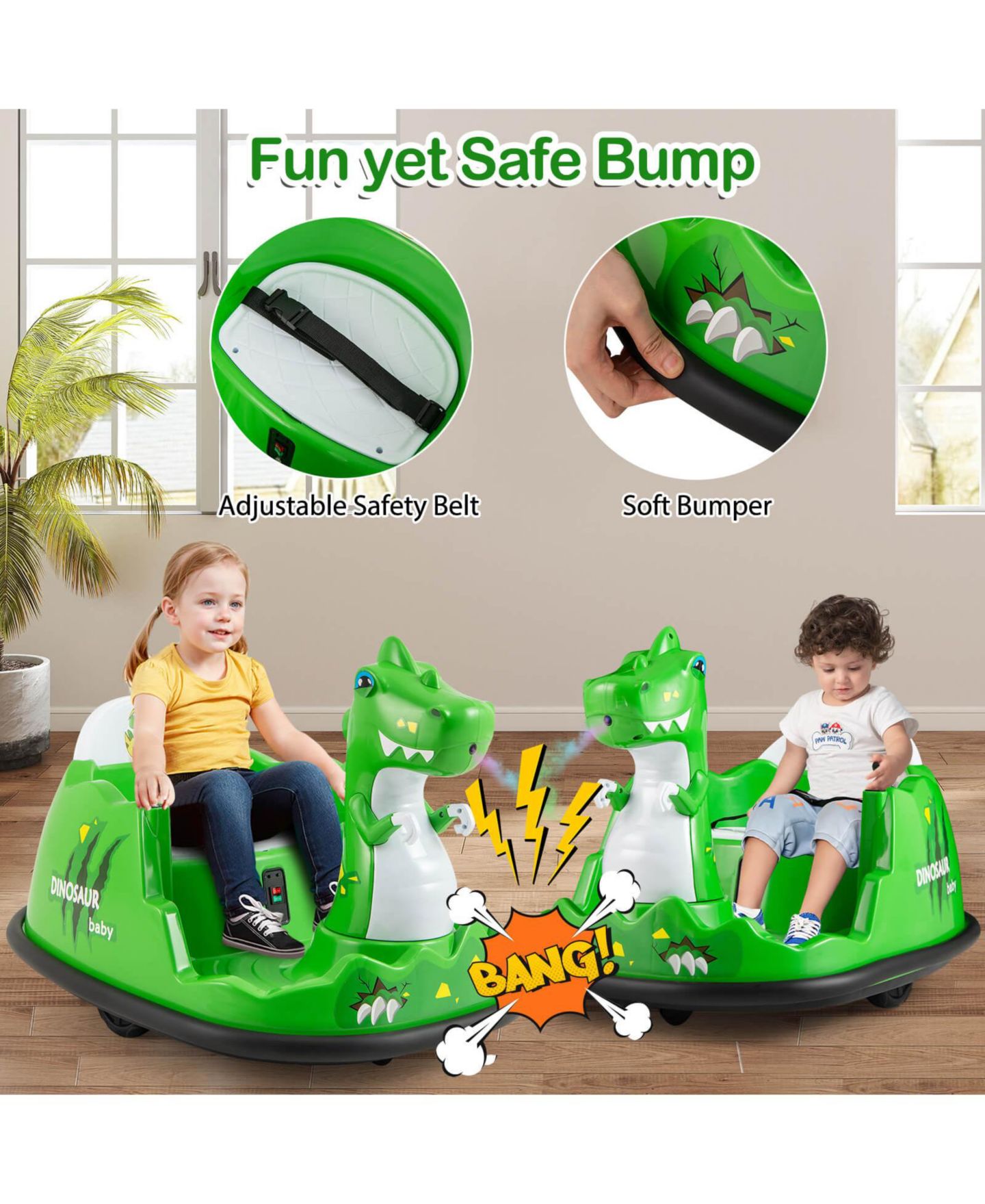 Детская игрушка Costway Dinosaur Ride-On Bumper Car with Remote Control, Spray and Lights, 44 lbs, 2–5 лет, цвет: Зелёный — фото 10
