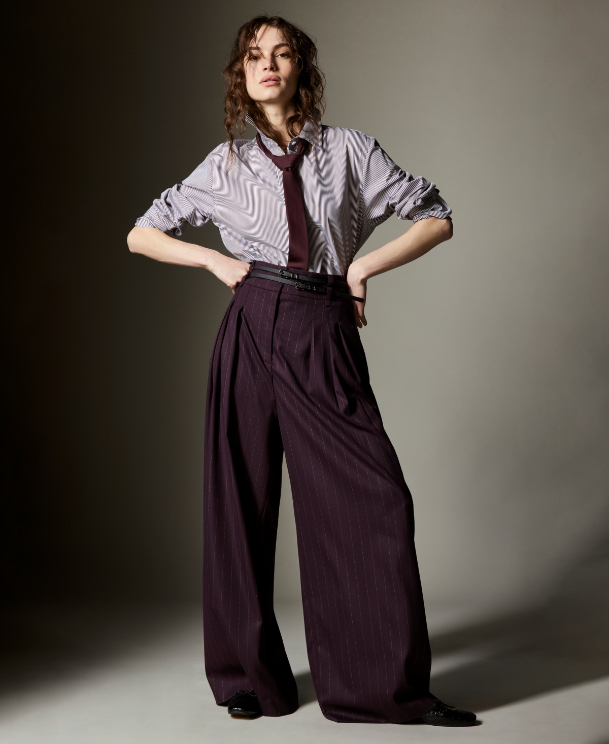 Kenneth Cole Pinstripe Pleated Double Belted High Waist Wide Leg Pants In Black