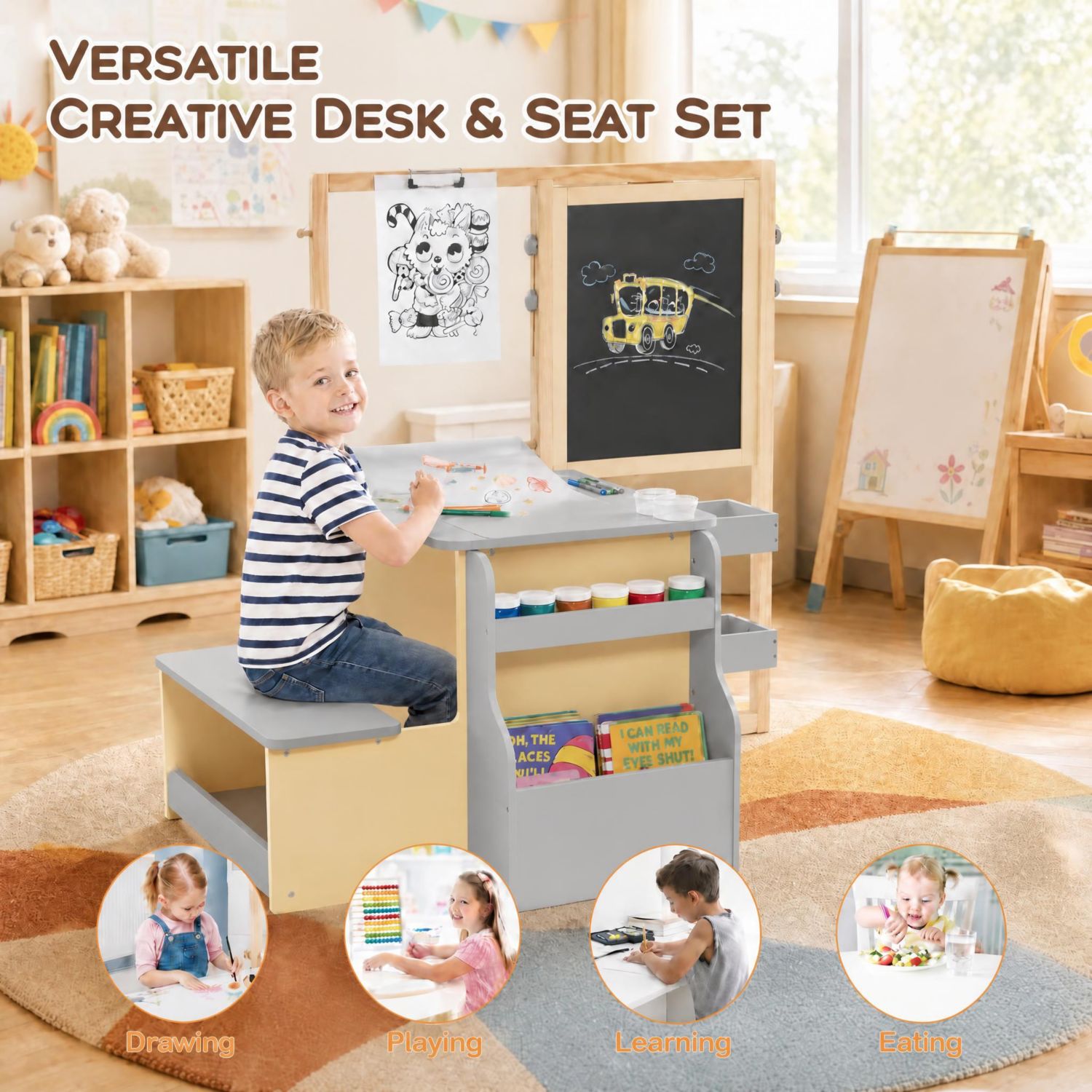 Ages 3+ Double-Sided Adjustable Storage Kids Art Center Wooden Table Bench Set