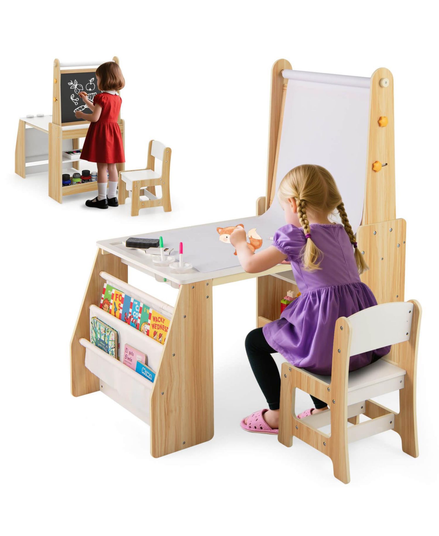Kids Art Table and Chair Set with Easel Whiteboard Chalkboard Paper