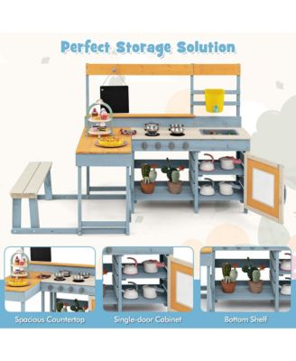 Mud Kitchen with Kids Picnic Table Built-in Bench Blackboard Water Box Sink