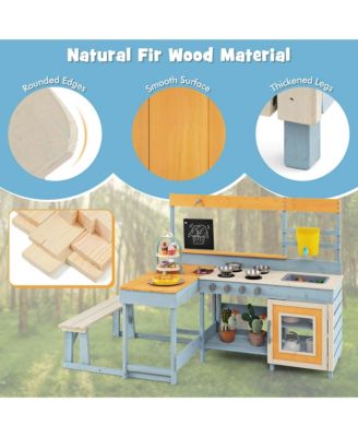 Mud Kitchen with Kids Picnic Table Built-in Bench Blackboard Water Box Sink
