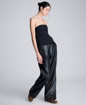 Women's Double Pleat Faux Leather Wide Leg Pants
