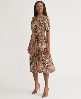 Kasper - Women's Printed Elbow-Sleeve Tie-Waist Midi Dress