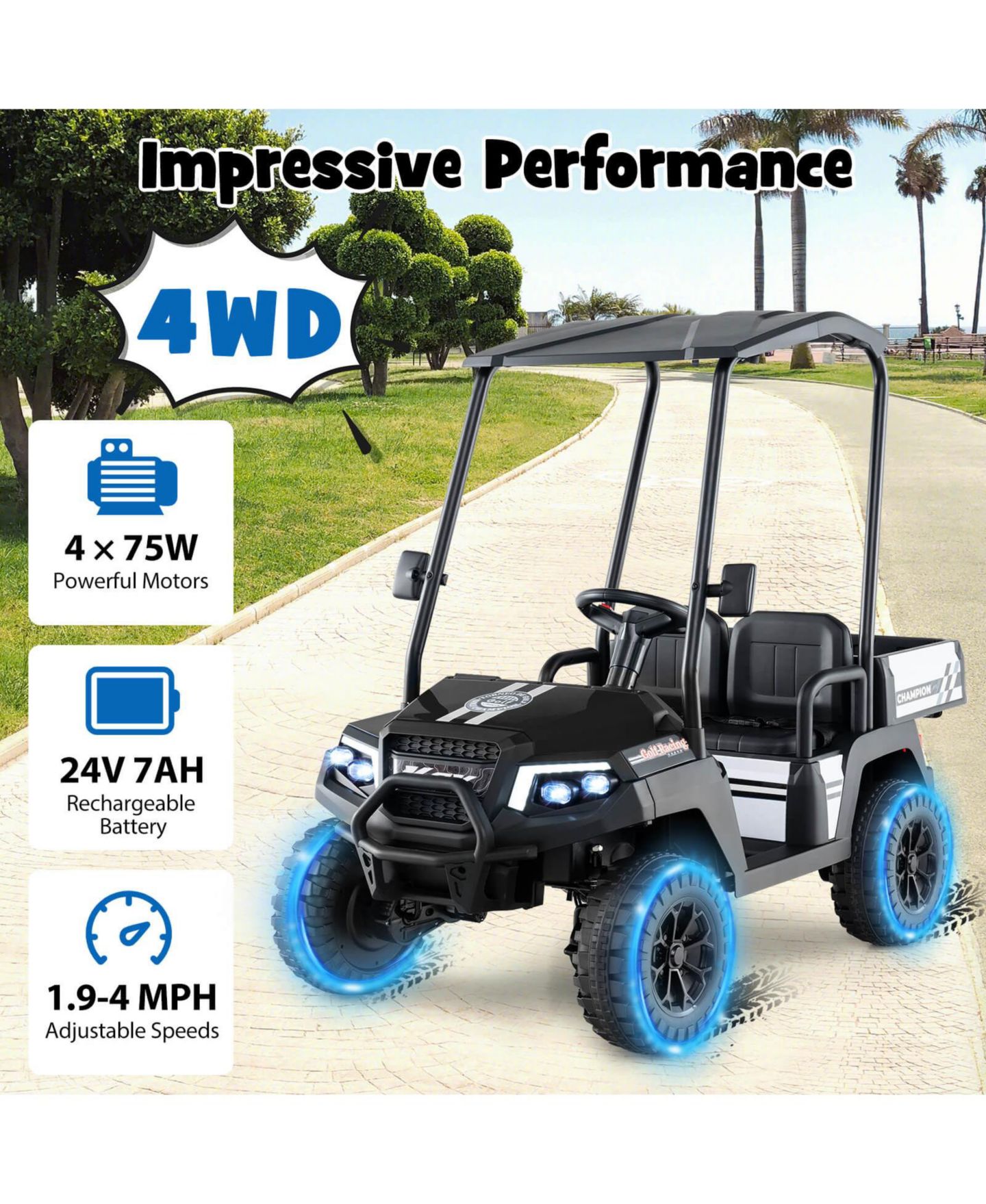 Детская игрушка Costway 24V 7AH Kids Golf Cart 4WD 2 Seater Ride on Car with Sun Shade Dump, цвет: Чёрный — фото 7