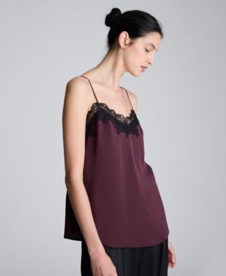 Women's Satin Sleeveless Lace Trim Cami Top