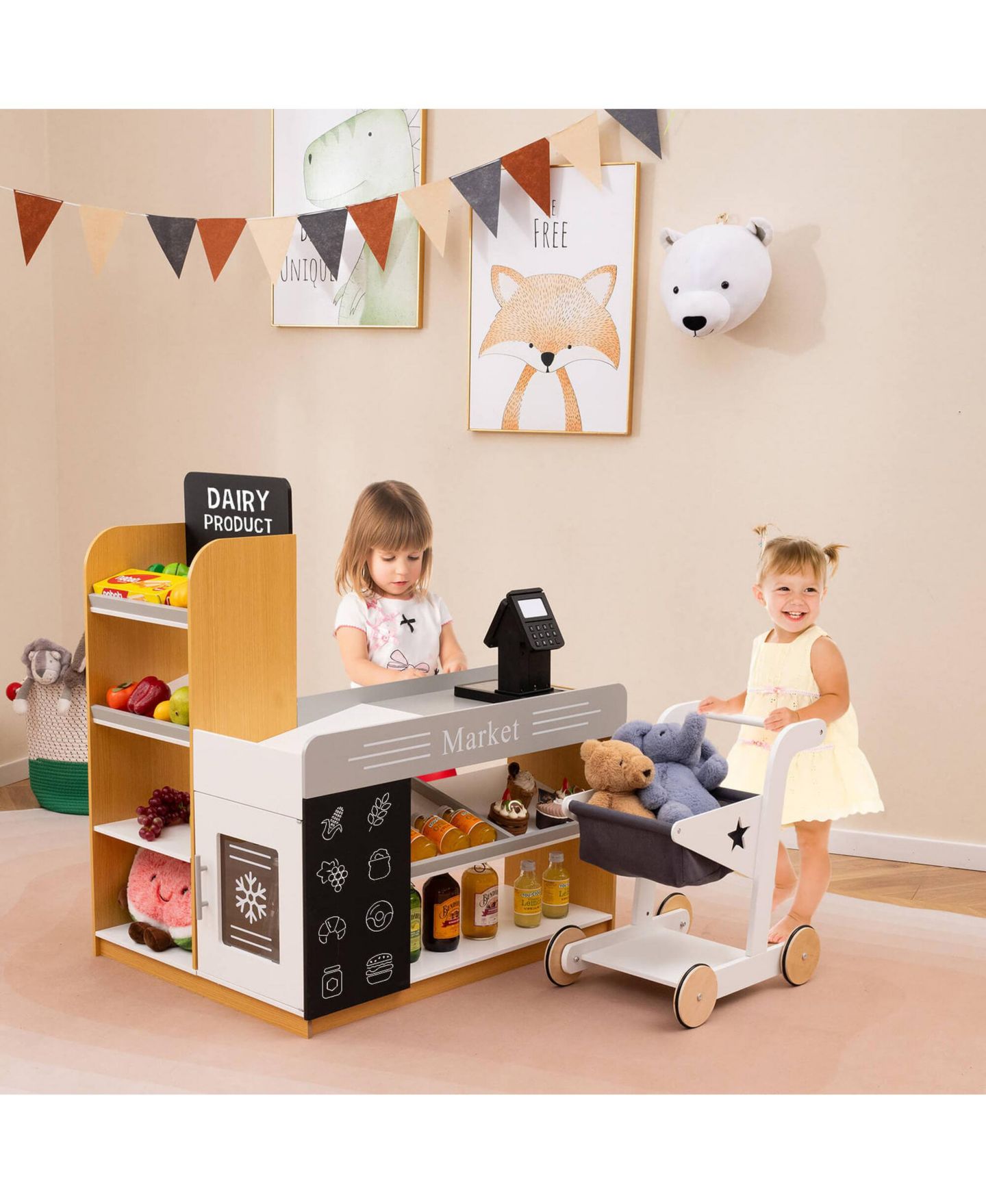Детская игрушка Costway Kids Grocery Store with Shopping Cart Cash Register Scanner, цвет: Assorted Pre-Pack — фото 4