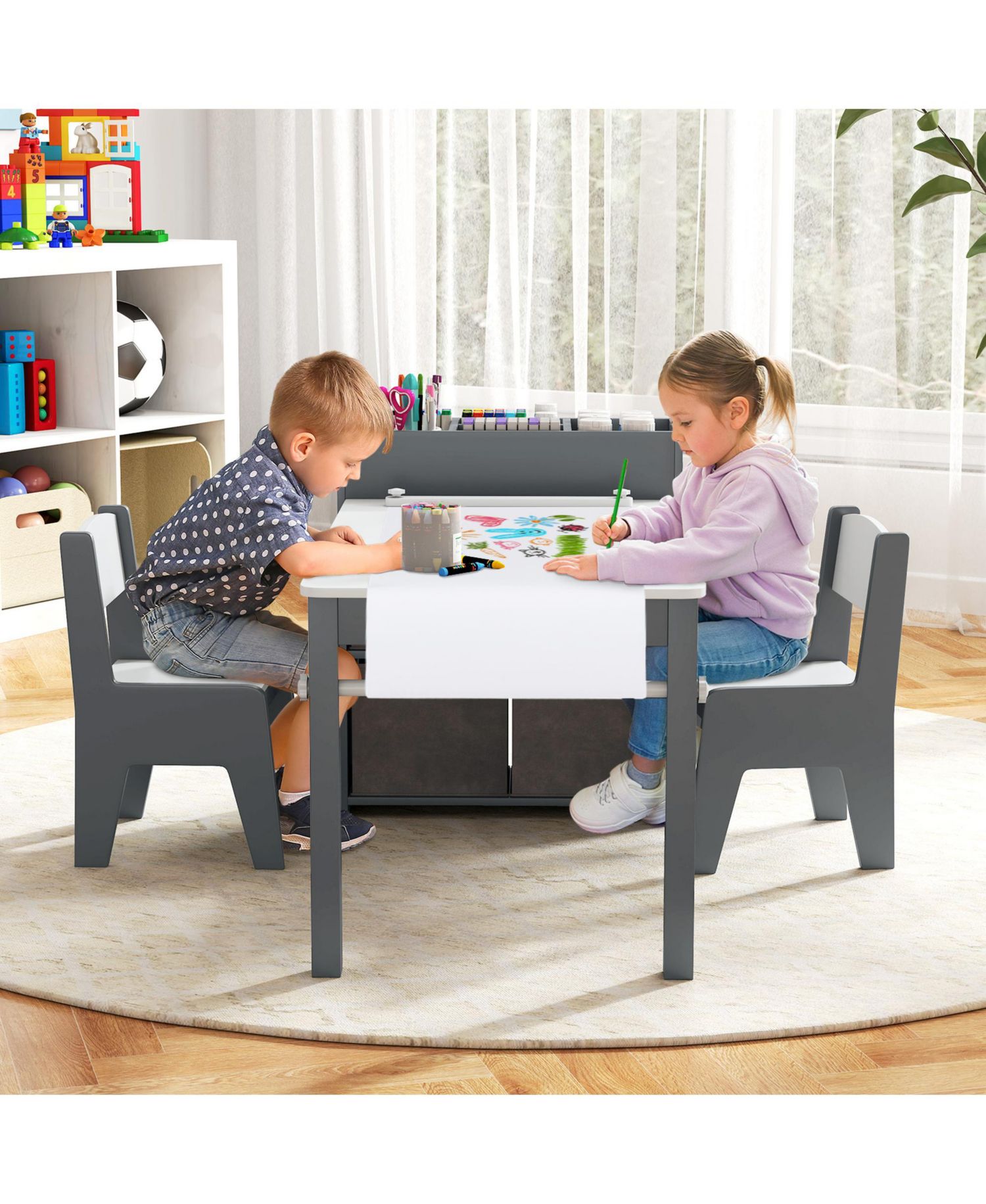 Paper Roll Activity Table with Storage for Ages 3+, Table and Chairs, 3-Piece Set