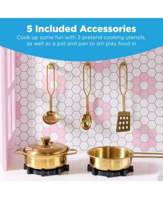 Pretend Play Wooden Farmhouse Kitchen Set w/ Storage, Clicking Knobs, 5 Accessories