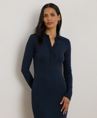 Petite Rib-Knit Cotton-Blend Polo Dress