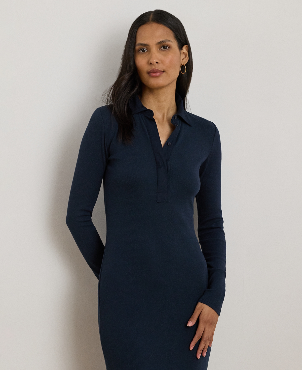 Ralph Lauren Petite Rib-knit Cotton-blend Polo Dress In Blue