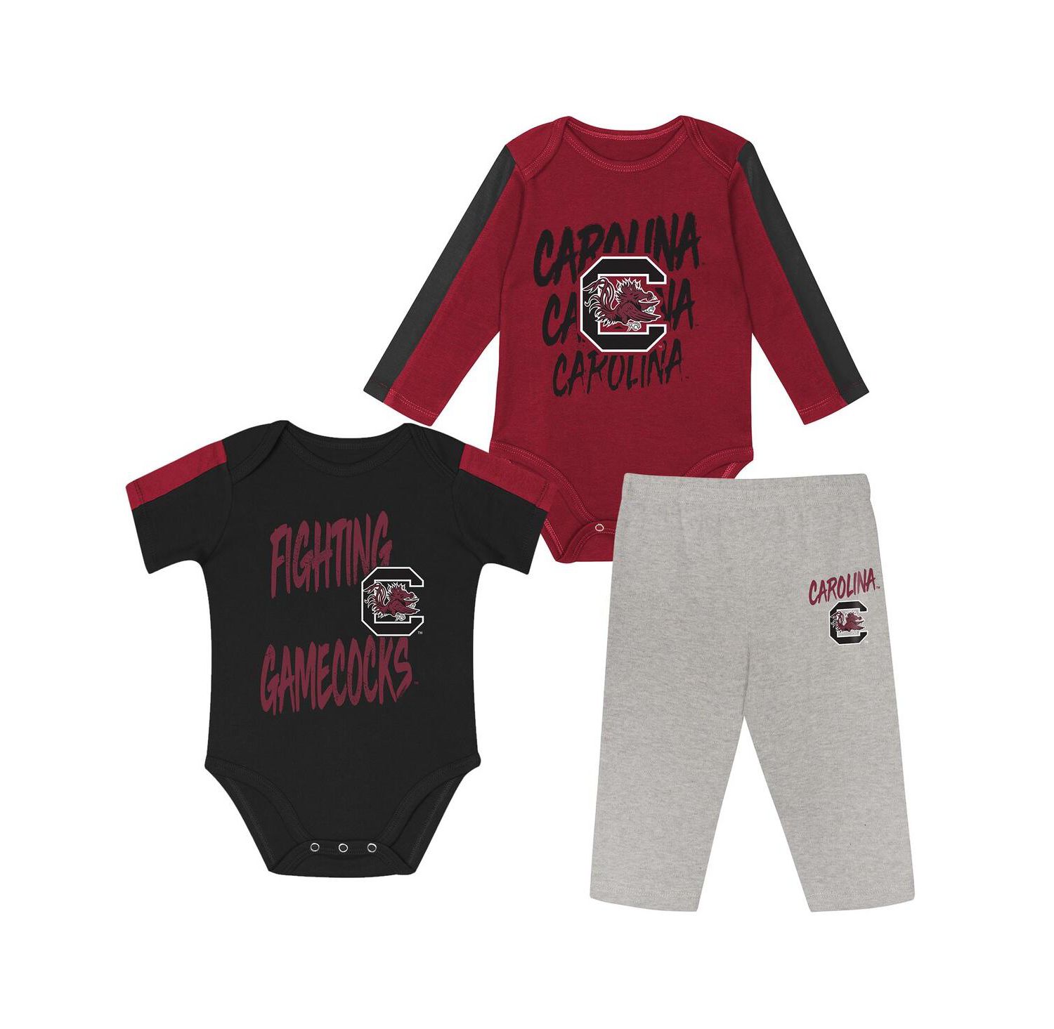 Baby Boys and Girls 3-Piece Garnet/Black South Carolina Gamecocks Double Down Bodysuit and Pants Set