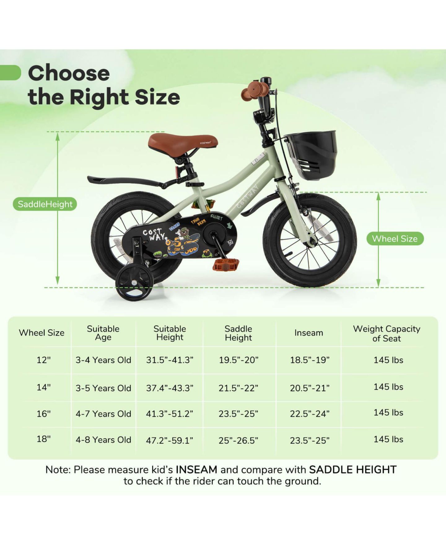 Детская игрушка Costway 12" Kids' Bike with Adjustable Handlebar and Seat, Training Wheels, Coaster Brake, 145 lbs, от 3 лет, цвет: Зелёный — фото 2