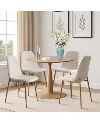 Light Wood Finish 5-Piece Dining Set with 39.5 Inch Round Table and 4 Upholstered Chairs with Wood-Look Metal Legs-Maison Boucle
