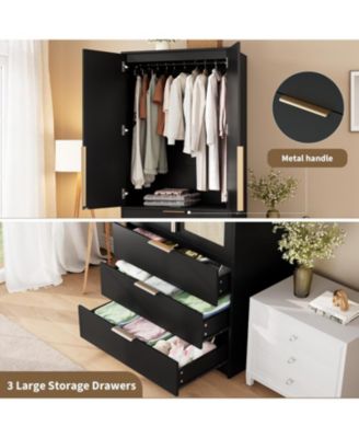 Armoire Wardrobe Closet, 69.5&amp;#x22; Wooden Wardrobe Cabinet with 3 Drawers, Hanging Rod, 2 Doors Clothing Storage Cabinet for Bedroom