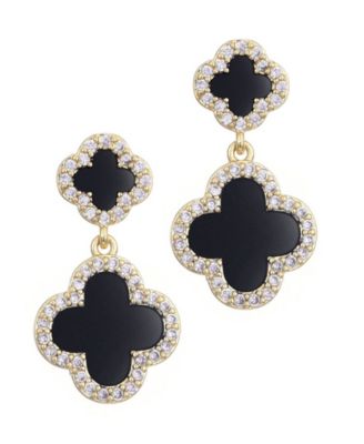 Gold CZ Double Black Clover Drop Earrings