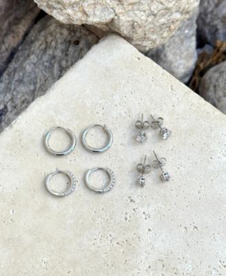 Silver CZ Hoop and Solitaire Stud Earrings Set