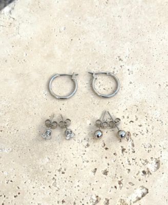 Silver Hoop, Solitaire and Ball Stud Earrings Set
