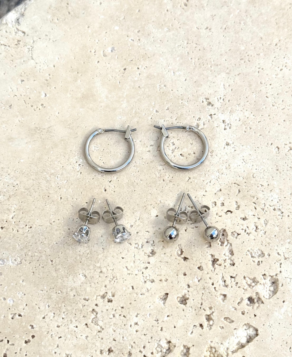 Adornia Silver Hoop, Solitaire and Ball Stud Earrings Set