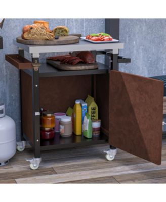 27"W Stainless Steel, Metal Storage Cabinet, Hooks, Bottle Opener, Gas Line Hole, Wheels Grill Cart