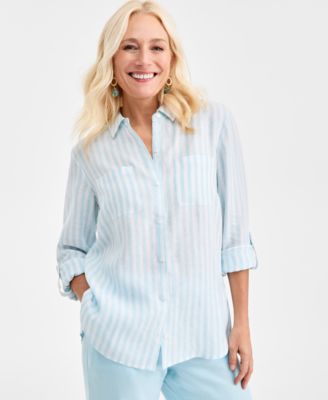 Charter Club - Women's Linen Stripe Roll-Tab-Sleeve Shirt